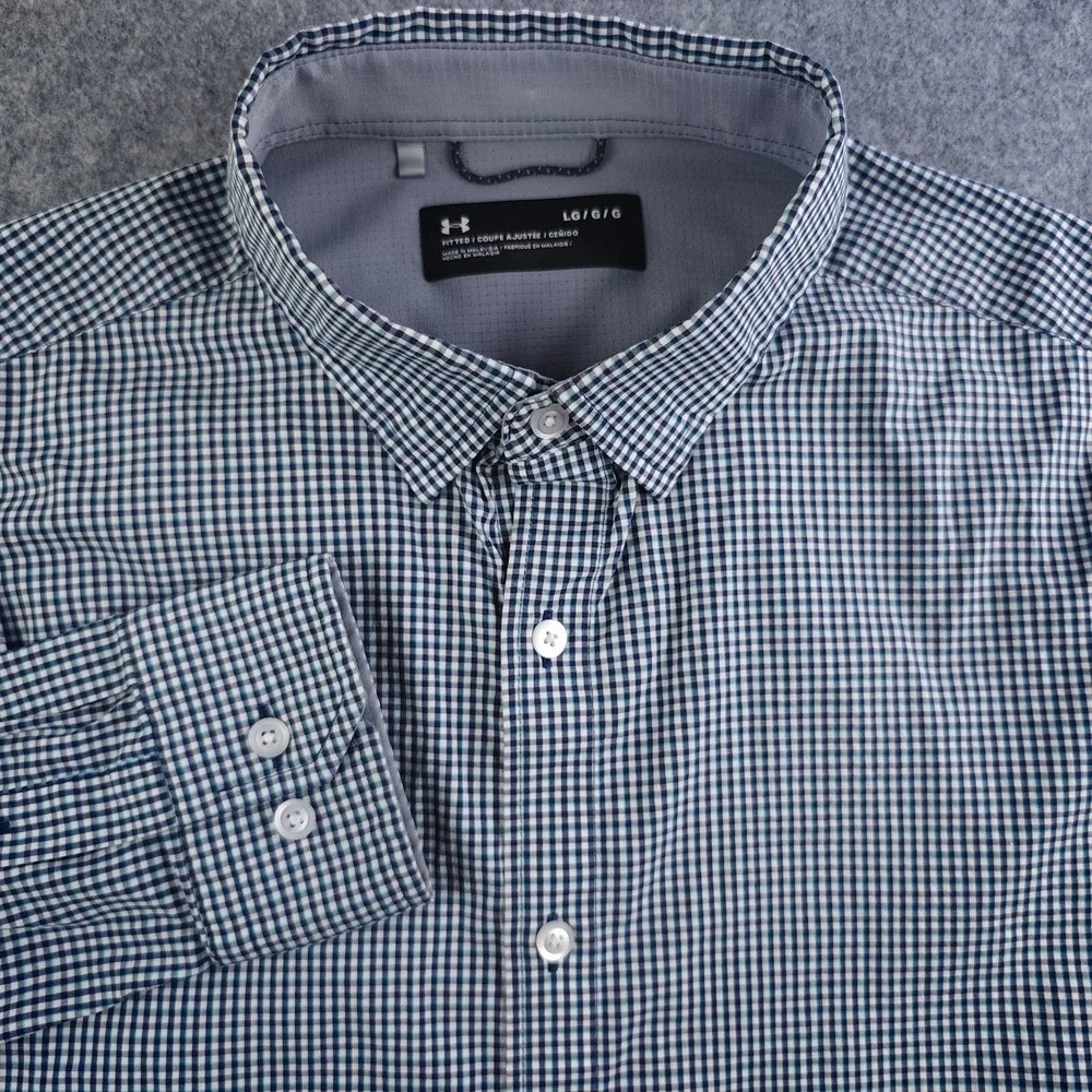 Under Armour Shirt Mens Large Blue Check Button Up Long Sleeve Performance